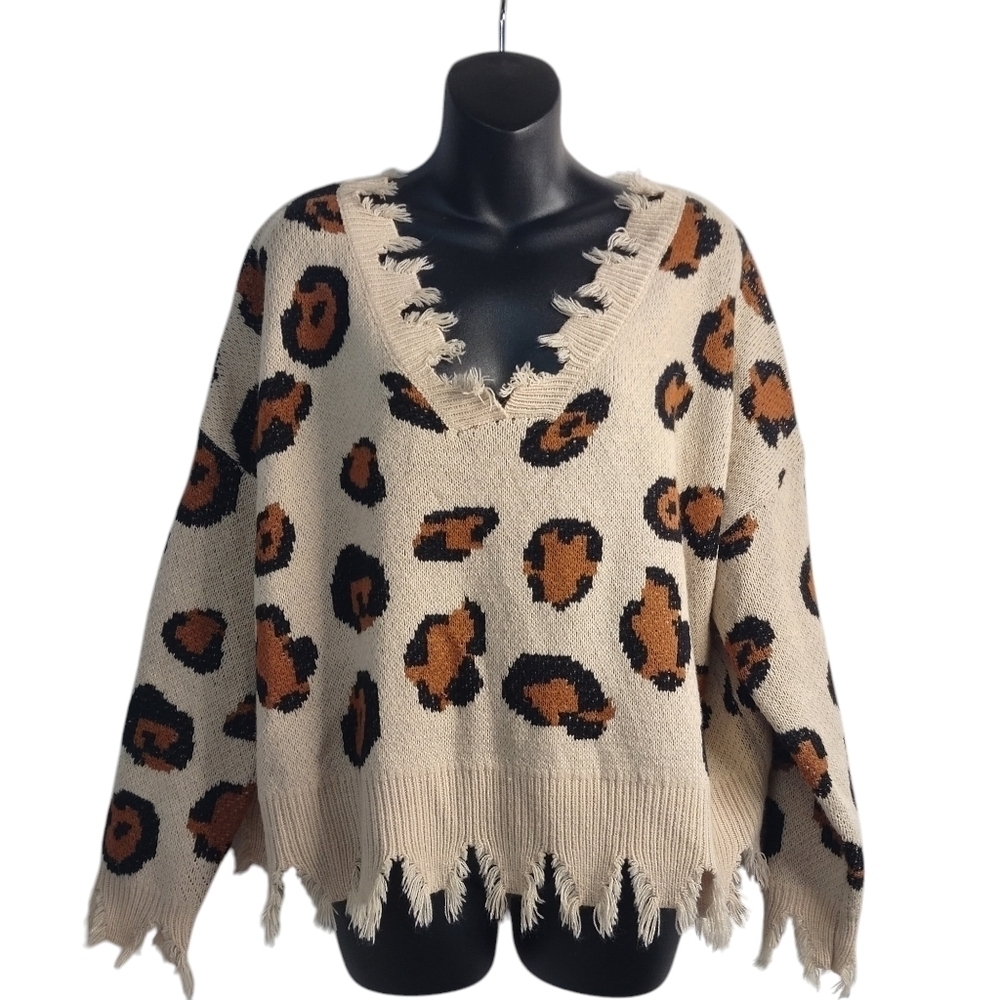 MIracle Distressed Sweater Women's Brown/Black/Cream Leopard Print Sz M/L NWOT